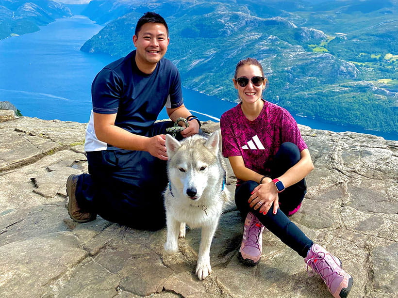 Kai with wife and dog on travels
